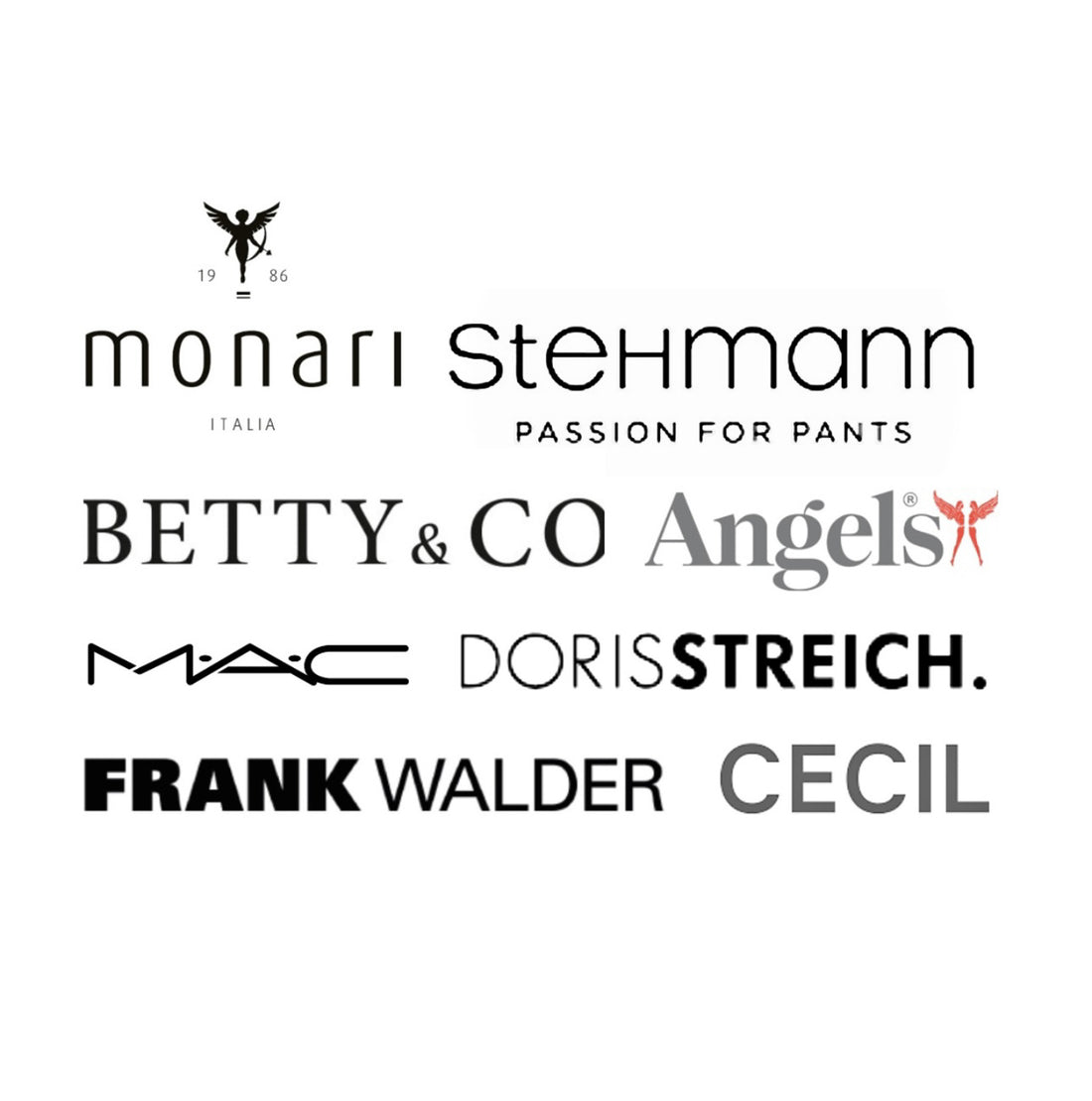 Damenmode-Logo der Marken Monari, Stehmann, Betty & Co, Angels Jeans, MAC, Doris Streich, Frank Walder und Cecil